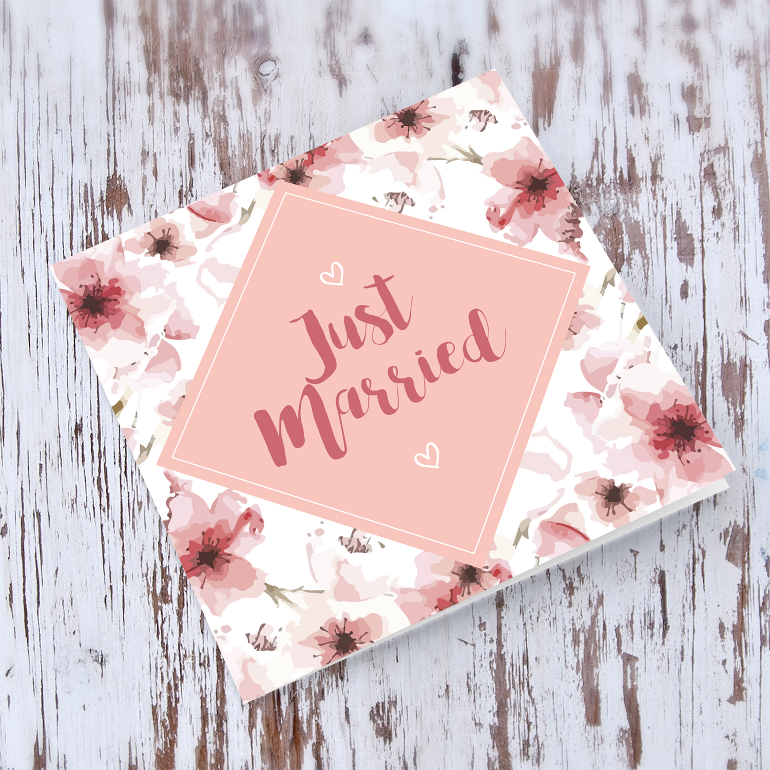 Pink flowers themed wedding card with pink text wedding card in English