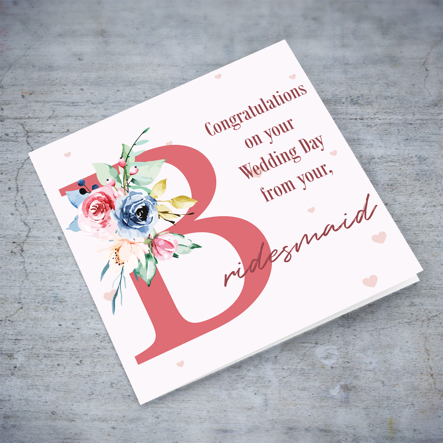 Wedding card from Bridesmaid in English with pink hearts and florals