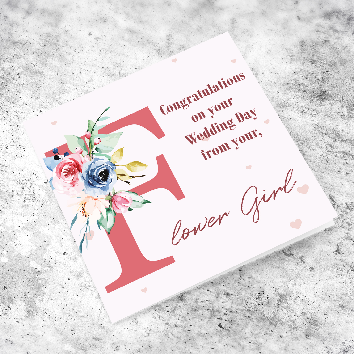 Wedding card from Flowergirl in English with pink hearts and florals