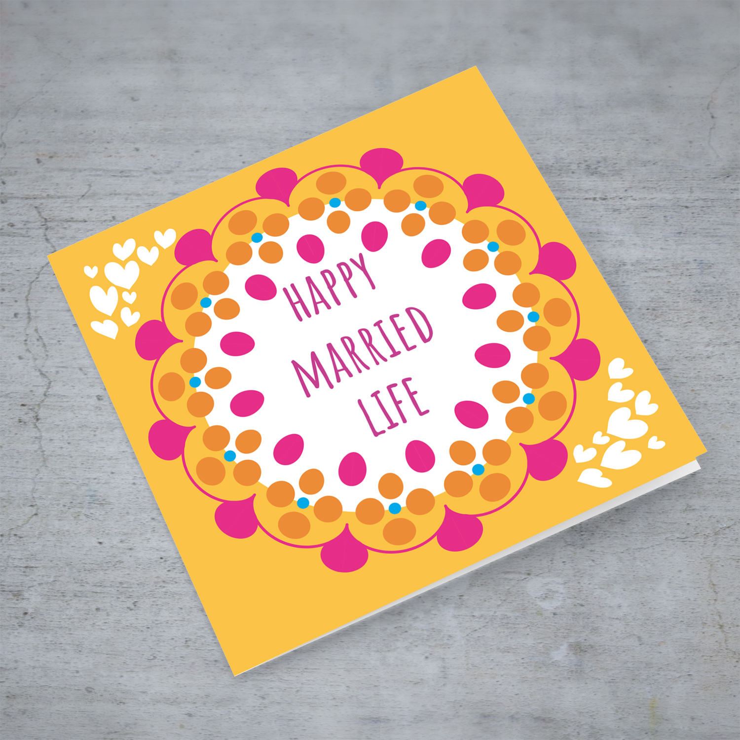 Happy married life - colourful wedding card in Engslih with scattered hearts 