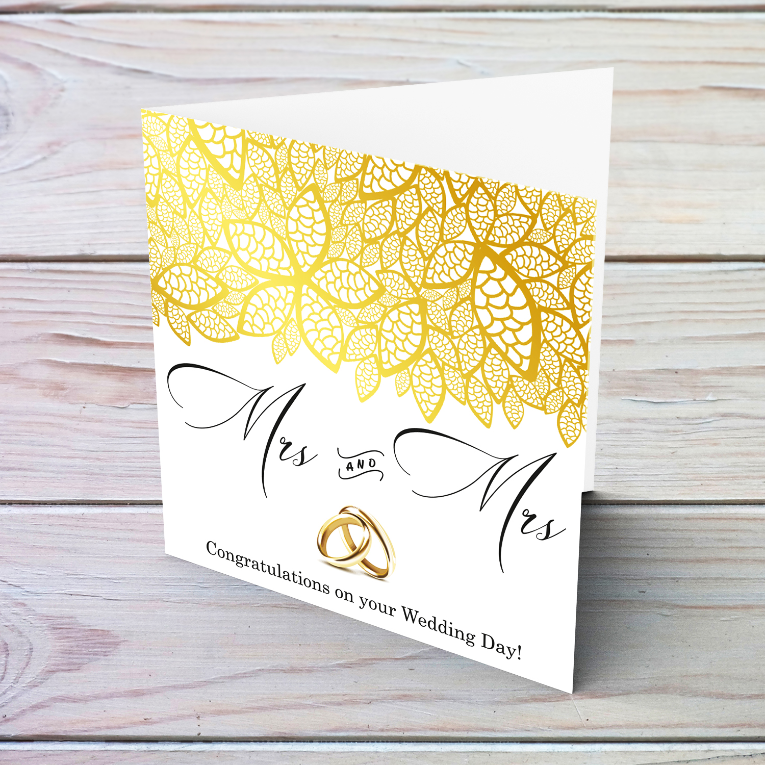 Golden leaves Wedding card for Mrs & Mrs in English