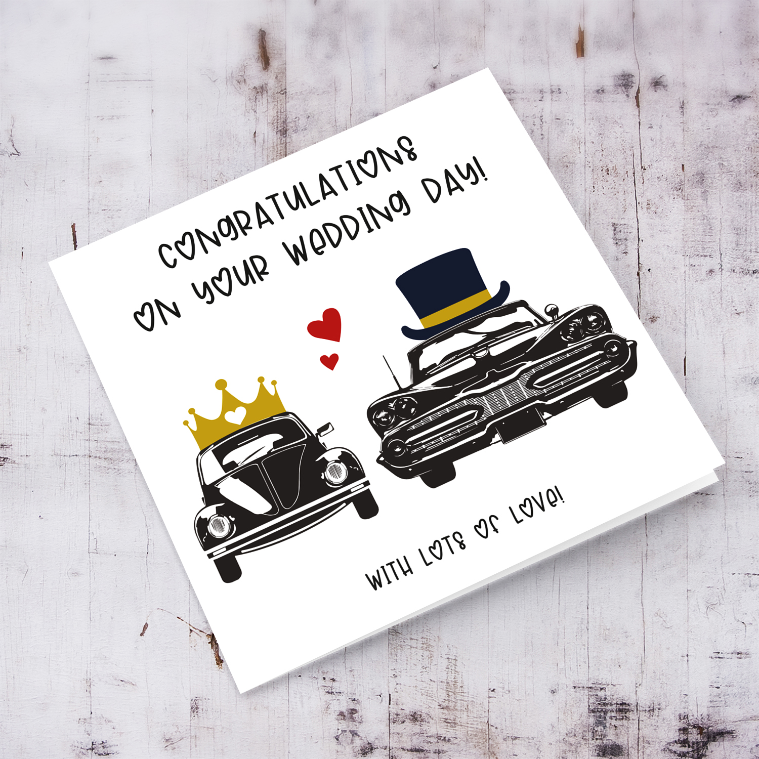 Vintage car themed wedding card in English