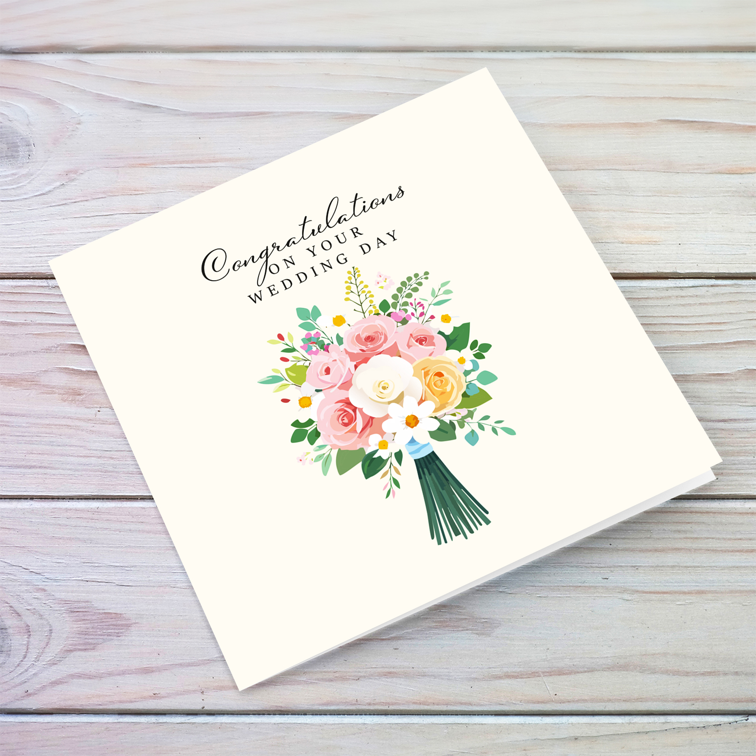Elegant flower bouquet wedding card in cream background in English