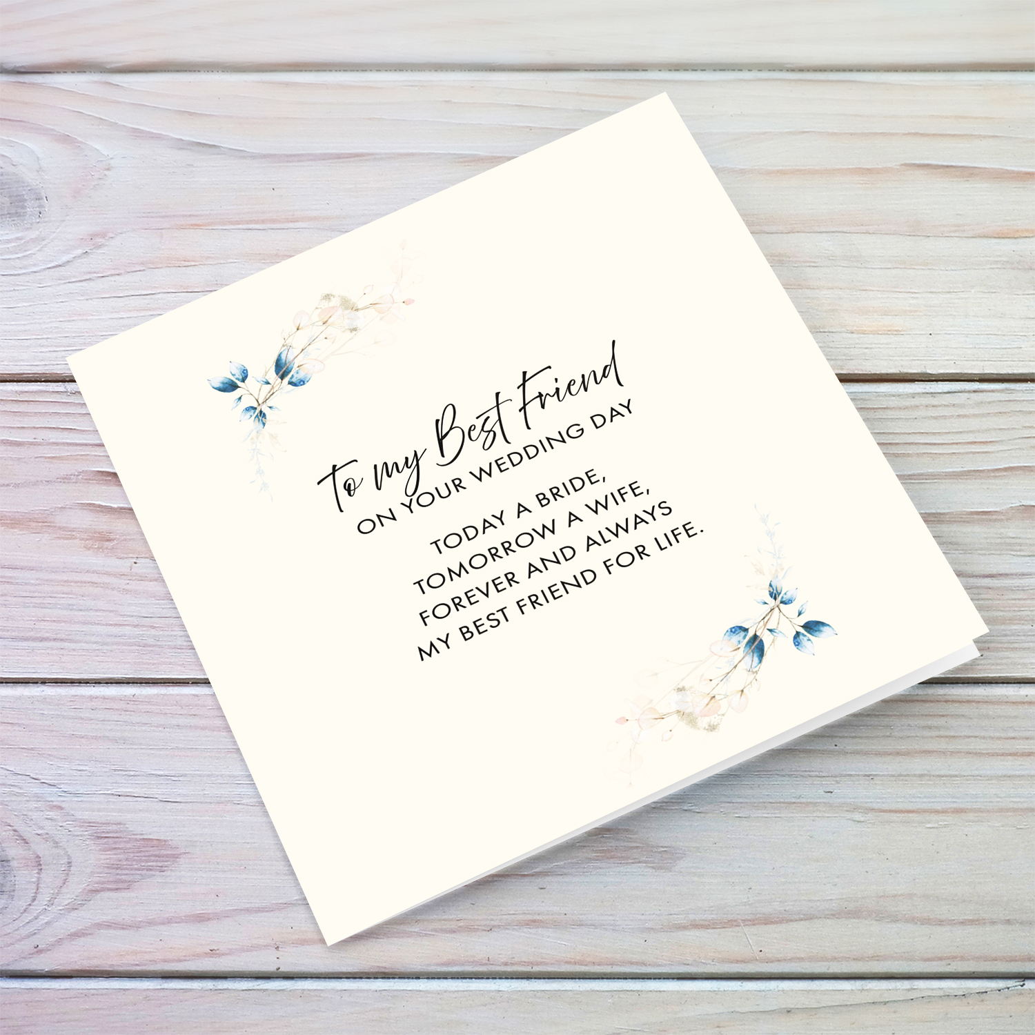 Minimalist and petite wedding card for best friend, featuring delicate blue florals in English