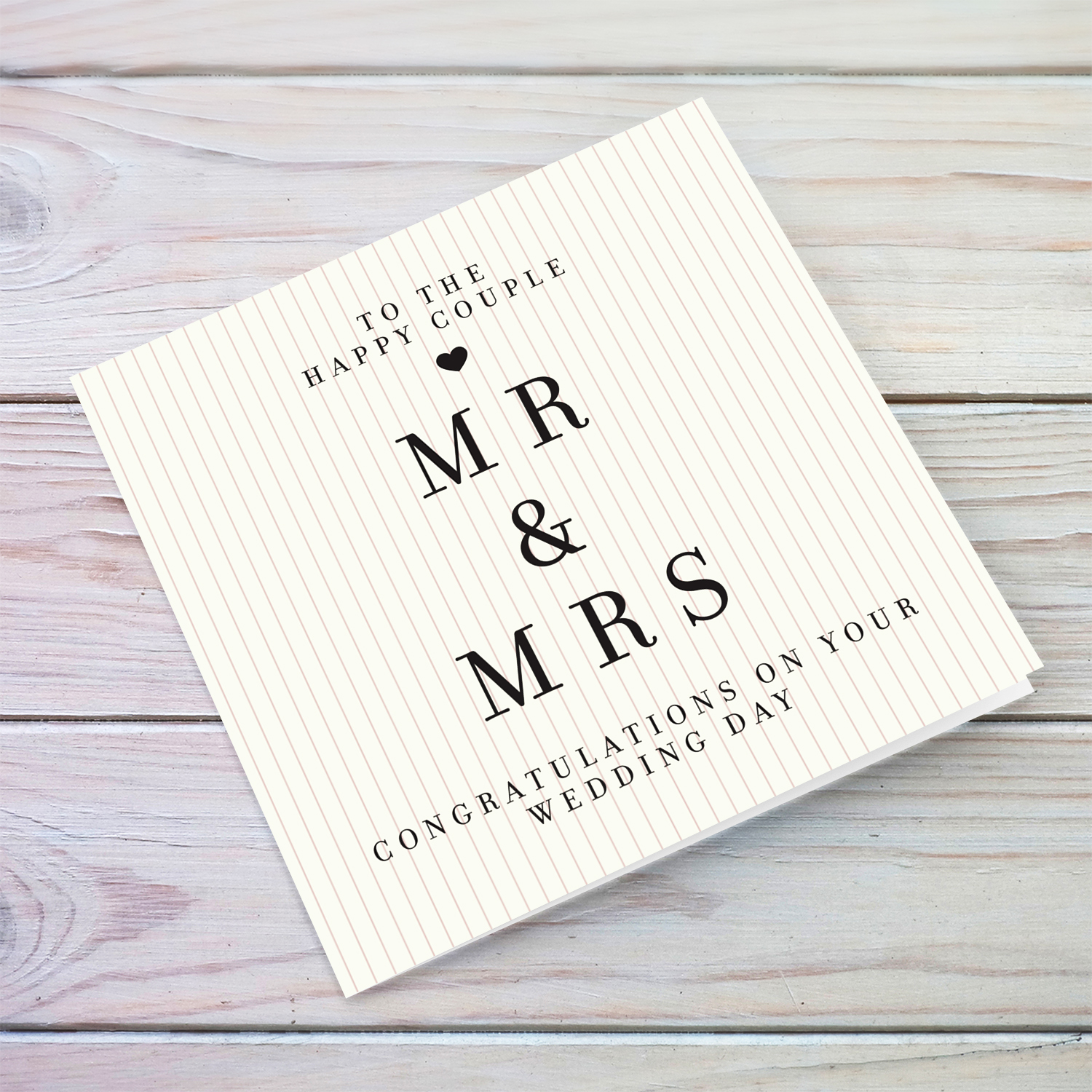 A modern striped neutral background wedding card for the the happy couple Mr &Mrs in English