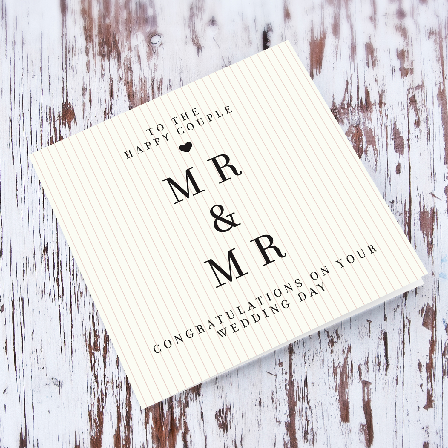 A modern striped neutral background wedding card for the the happy couple Mr &Mr in English