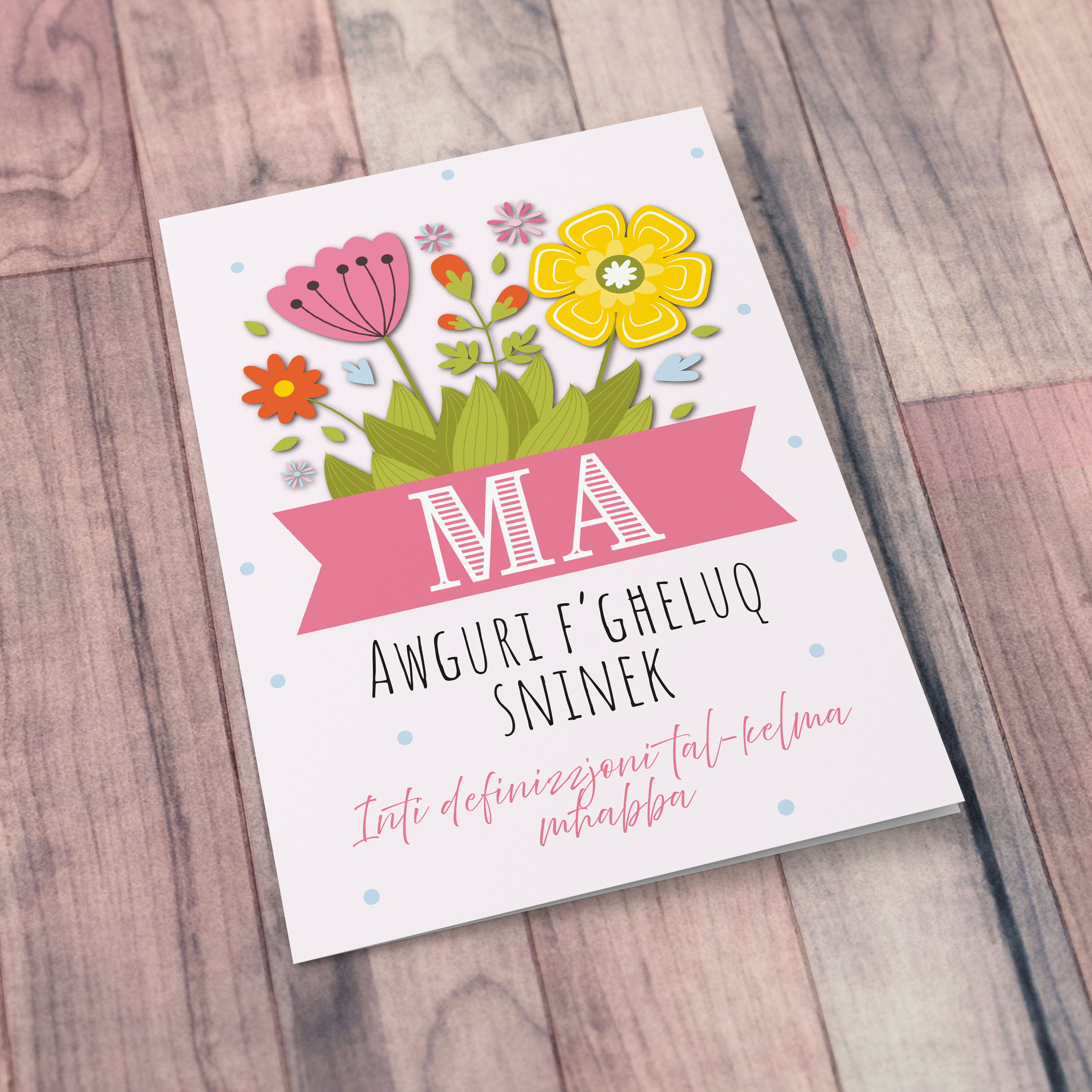 Cute Birthday card for mum in a light pink background featuring colourful florals and a special message in Maltese