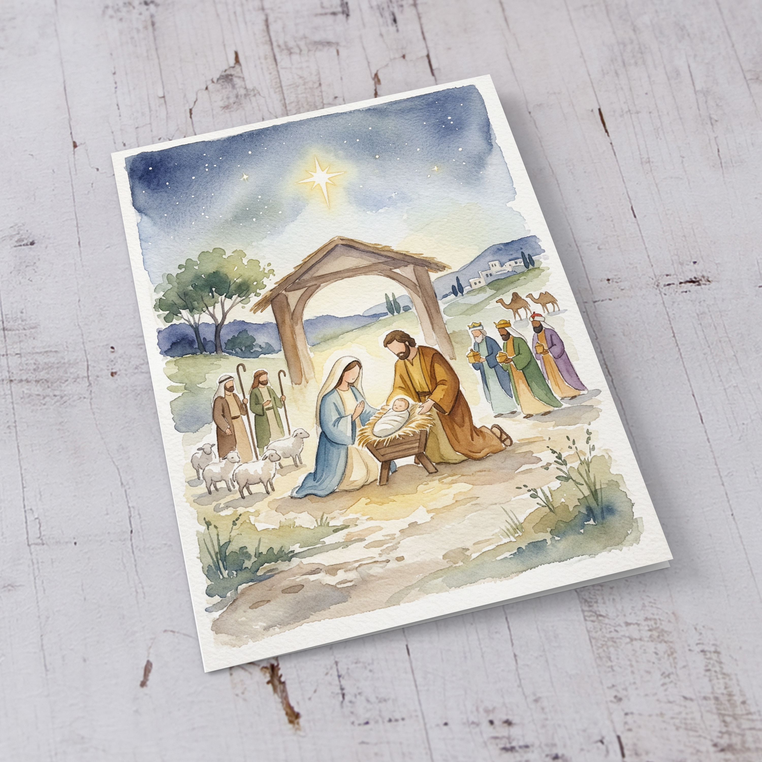 An a5 Christmas greeting card, featuring the Nativity scene in in watercolours, with minimalist details in Maltese