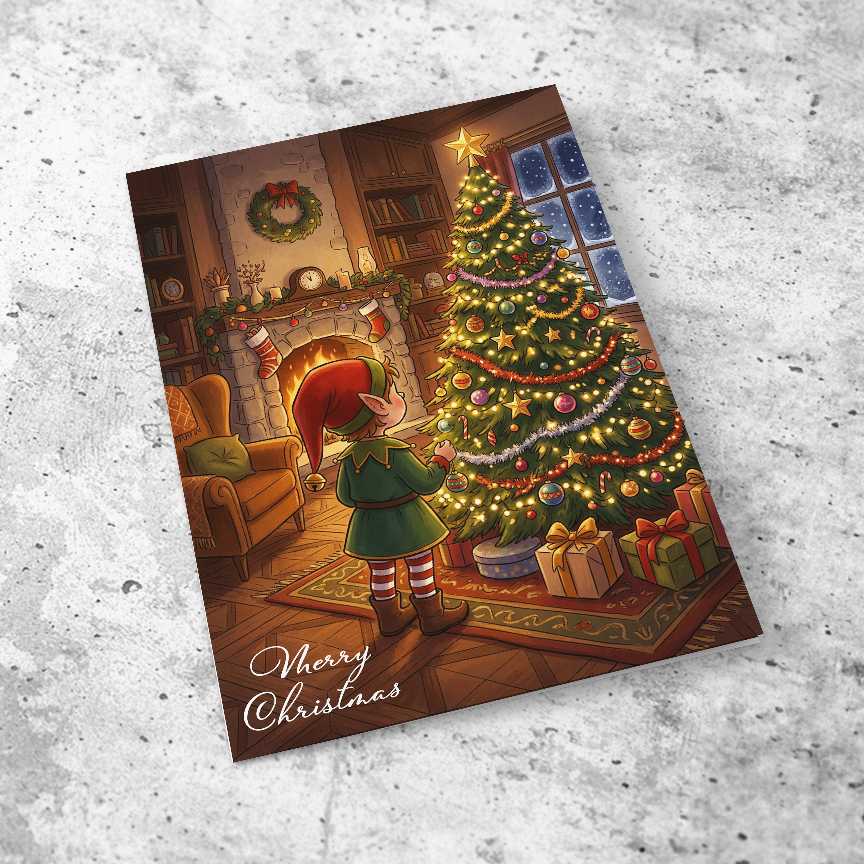 A cute A5 Christmas card, featuring a boy Elf near a beautiful Christmas tree in English