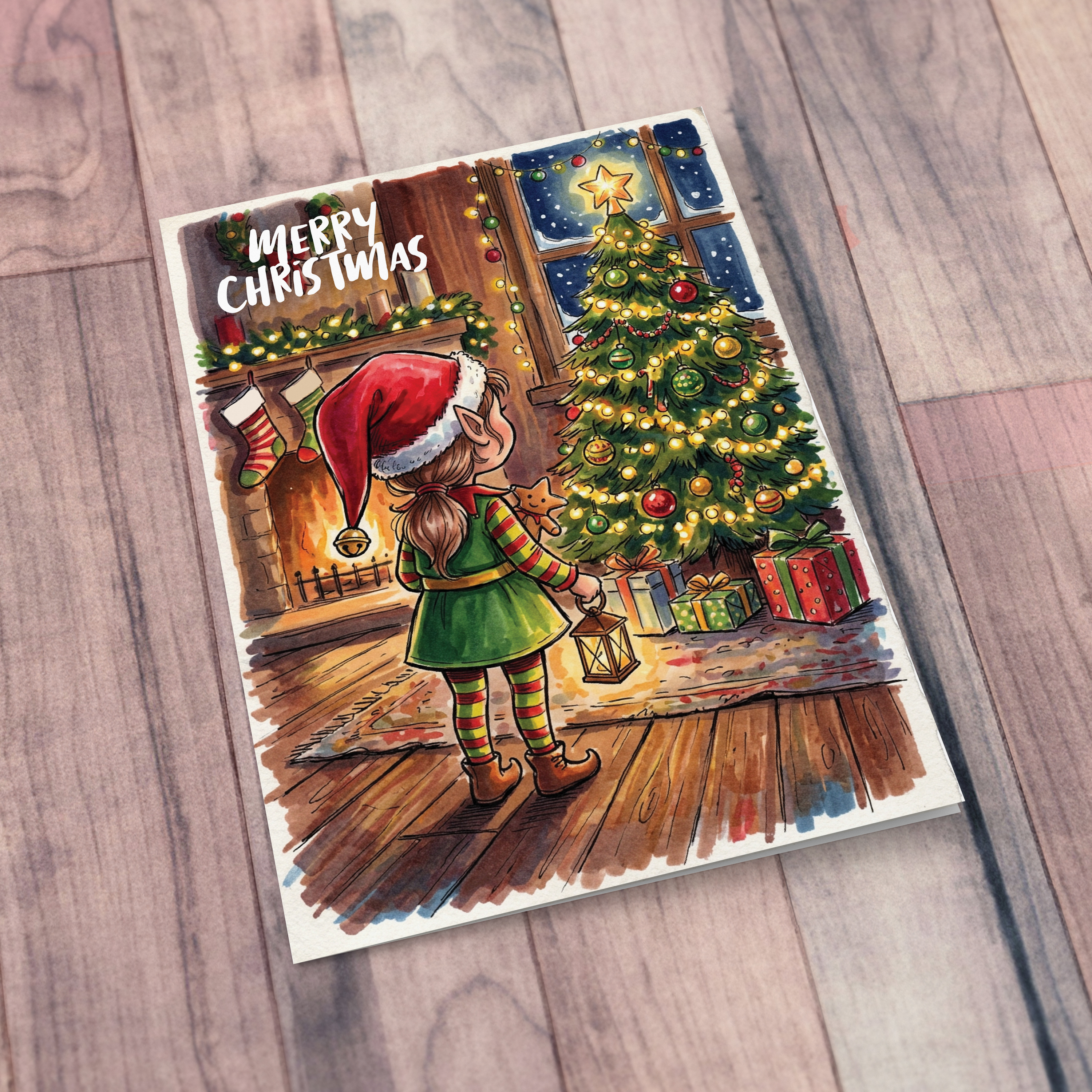 A cute A5 Christmas card, featuring a girl Elf near a beautiful Christmas tree in English