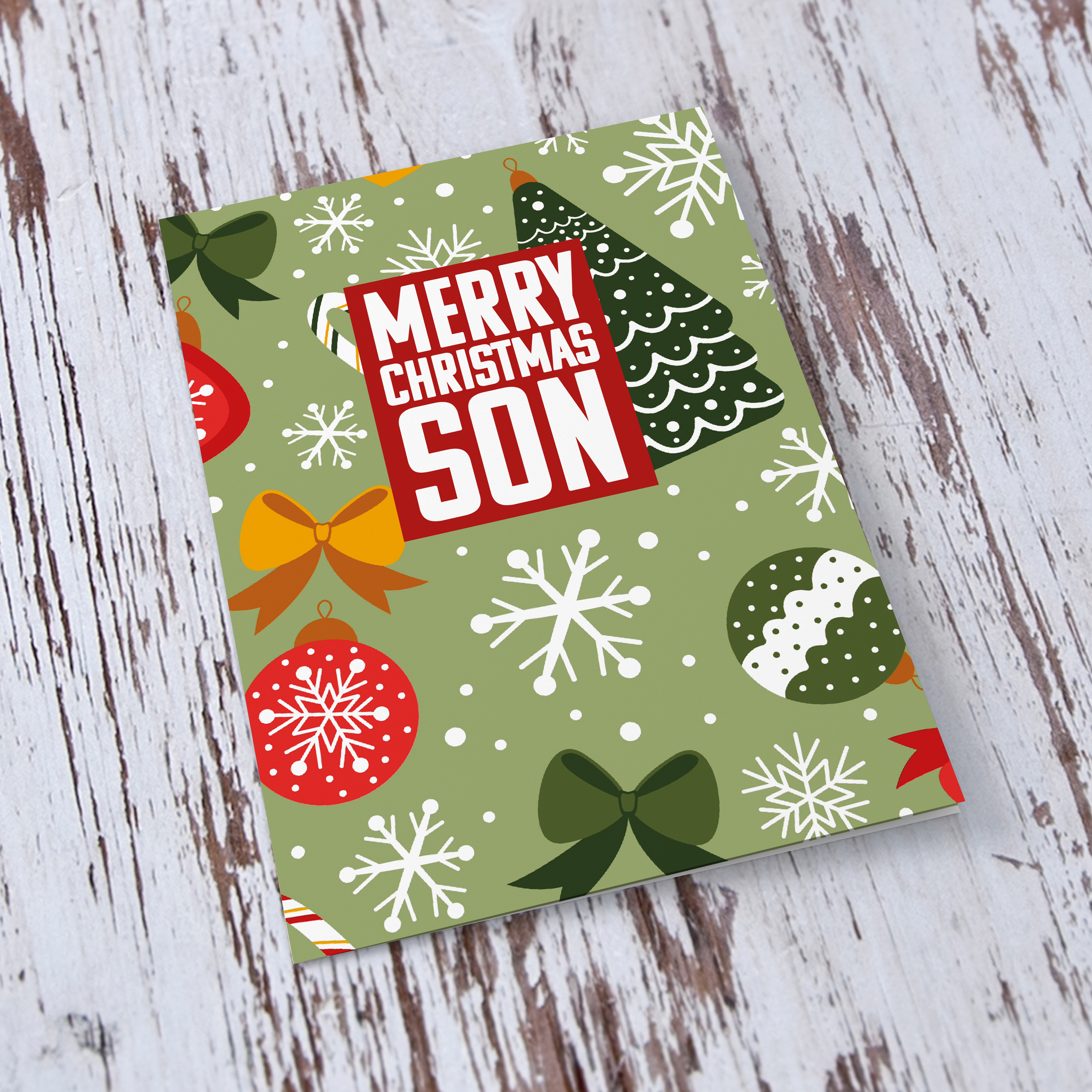 An a5 Christmas card for SON, featuring a Christmassy background including baubles, bows and snowflakes in English