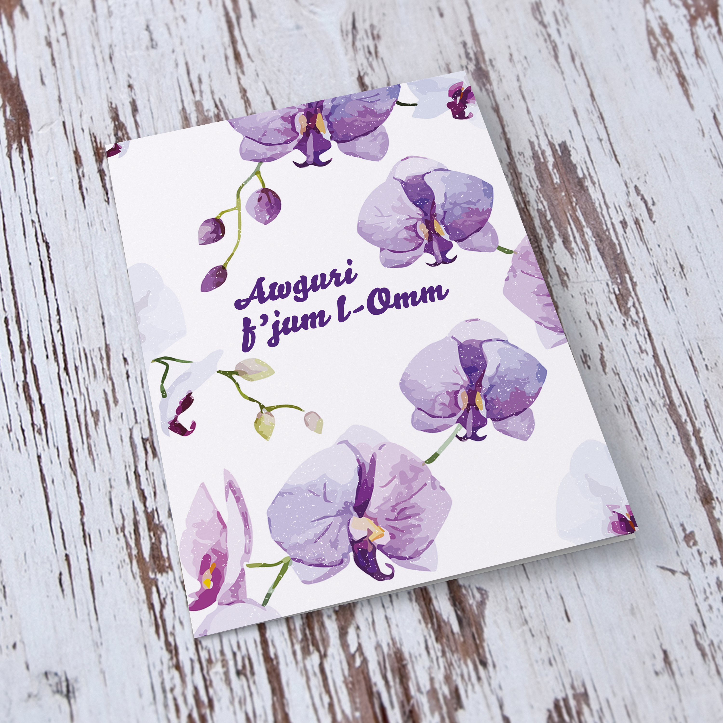A purple themed orchid Mother's Day card in Maltese