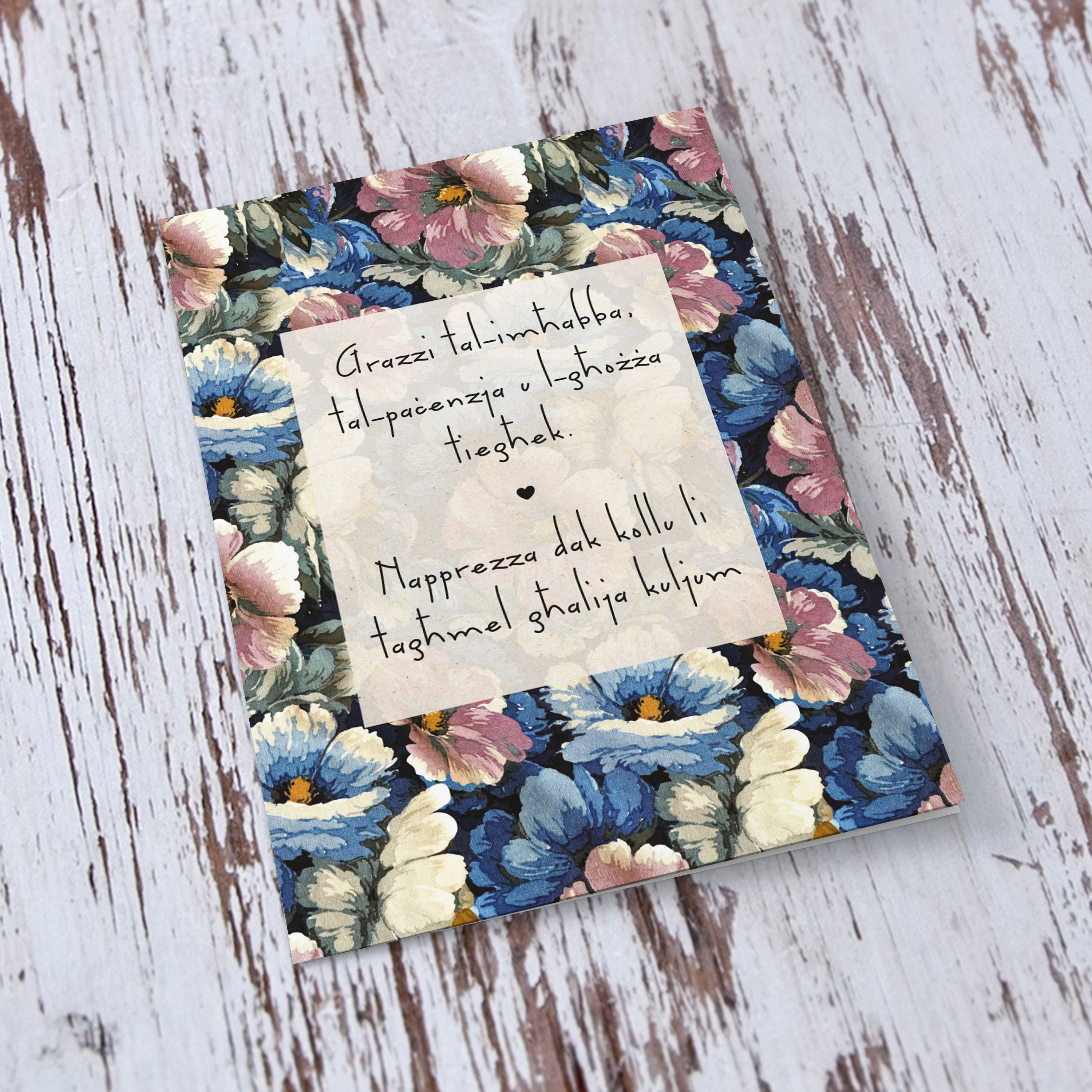 A mother's day card featuring pink and blue flowers with a special message for Mum in Maltese 