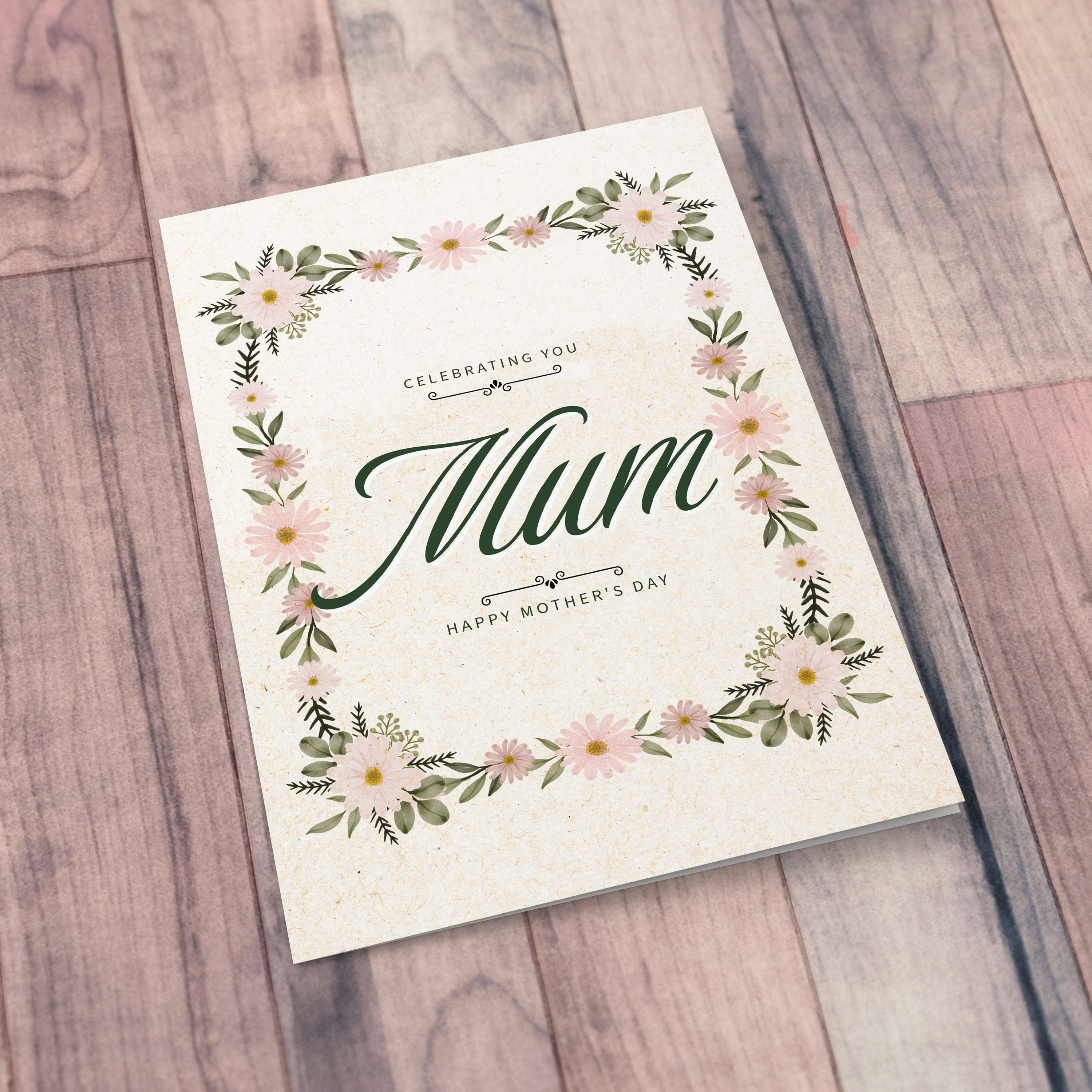 A petite A5 mother's day card with a floral border in light colours in English 